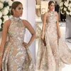 Yousef Aljasmi 2019 High Neck Prom Dresses with Detachable Train Modest Luxury Shiny Lace Applique Plus Size Evening Pageant Wear 172f