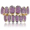 Hip Hop Iced Out Purple CZ Micro Pave Top Bottom Custom Grillz Set Rhodium Teeth Grills227y