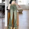 Женские джинсы винтаж вымыл зеленый высокий талия, женские звезды американская уличная одежда для моды джин -брюк с прямой мешковатыми джинсовыми штанами