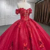 Luksusowe czerwone błyszczące ukochane sukienki Quinceanera Aplikacje 3D Kwiaty koraliki Tiul Princess 15 Ballkleid Balls Balls