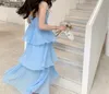 Temel Sıradan Elbiseler Bahar 2023 Mavi Renk Ekle Şifon Pileli Kollular S Mii Elbise Sırtsız Lady Cake Seksi Askı 230720