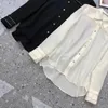 Women's Blouses Tops Fashion Designer 2023 Spring Summer Shirt Women Turn-down Collar Tweed Wool Patchwork Long Sleeve White Black