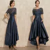 Navy Blue Satin Prom Dresses O-Neck Lace Short Sleeve Asymmetrical Sexy Evening Party Gown Vestidos De Fiesta robe soiree 2022267a