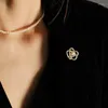 Brooches Female Fashion Pearl Crystal Camellia For Women Luxury Yellow Gold Color Zircon Alloy Plant Brooch Safety Pins