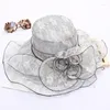 Wide Brim Hats Sun Hat Women Mesh Yarn Flower Summer For Big Wavy Beach Female Sunhat Adjustable Lady Net