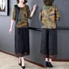 Conjunto de calças femininas de duas peças tamanho grande blusa de seda solta da mãe casual terno de perna larga 2023 primavera verão feminino roupas estampadas vintage Z1596