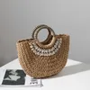 Shell Decor Straw Handbag Top-handle Totes Type Straw Bag Hand-held Semi-circular Shell Hand-made Straw Bag Woven Bag Women's Beach Bag