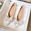 Dress Shoes Champagne Gold Silk Ballerina Shoes Women Dress Flats Pointed Toe Loafers Crystal Bow Ballets OL Shallow Slip On Moccasins Mujer L230721