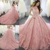 Pink Quinceanera Dresses 2020 Lace Sheer Scoop Neck Sleeveless Sweep Train Custom Made Sweet 15 16 Ball Gown Prom Formal Evening W241W