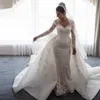 New Plus Size Dresses Mermaid Arabic Aso Ebi Luxurious Beaded Crystals Sheer Neck Wedding Lace Overskirts Bridal Gowns Dubai Vestidos De Novia 403