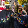 Black Mexican Style Quinceanera Dresses Charro 2023 Flowers Embroidered Lace Layers Tulle Satin prom vestidos para xv anos236z