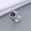 Bröllopsringar Ankomst Retro Thai Silver Black Crystal Men Ring Original Jewelry for Man Birthday Present Fade Never Fade