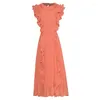 Casual Dresses 2023 Summer Frill Round Neck Sleeveless Cascading Ruffles Midi Pleated Chiffon Dress Orange/Red