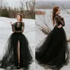 Sexy Sheer Black Lace Tulle Robe De Mariée Gothique Avec Manches Longues Top Fente Jupe Femmes Non Blanc Robe De Mariée Robe De Mariée228p