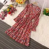 Casual Dresses Dress For Women V-neck Floral Flare Sleeve Vestidos De Mujer Printed Vestido Largo Elegante Para Fiesta French Style Dropship