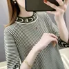 Women's Sweaters Striped Three-Quarter Sleeve Half Turtleneck Ice Silk Sweater T-shirt 2023 Spring And Summer Clothing Ins Loose Idle Top