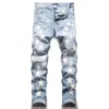 Jeans da uomo Jeans da motociclista in difficoltà Jeans graffiti Rock Skinny Slim Stampa di lettere con foro strappato Jeans pantaloni in denim288r