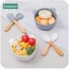 Gravestones Silicone Baby Feeding Bowl 4pc/1set Tableware Waterproof Baby Learning Suction Bowl Set Wood Fork Spoon Nonslip for Child Learn
