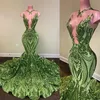 Paillettes scintillantes vert olive sirène robes de bal africaines filles noires bijou cou illusion longue robe de graduation, plus la taille formelle Se237t