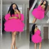 Fuchsia Off Shoulder Mini Homecoming Dresses Short Sleeves Short Cocktail Party Dresses Robe De Soiree Puffy Tulle Prom Dresses ve251G