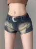 Calça Jeans Feminina Sexy Super Curto Cintura Baixa Rebite Patchwork Shorts de Verão com Cinto Moda Coreana Calças Casuais Femininas Y2K