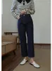 Women's Jeans Woman Dark Blue High Waist Straight-leg Jean Women Solid Vintage Cotton Colorfast Denim Trousers