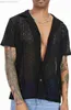 Herren-Freizeithemden, Herren-Hemd mit Blumenspitze, durchsichtig, Sommer, kurzärmelig, Knopfleiste, aushöhlen, transparentes Hemd, Herren, Party, Club, Chemise Homme, L230721