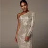 One Shoulder Shiny Sexy Cocktail Dresses Long Sleeve Sequined Women Party Wear Special Occasion Gowns Cheap306c