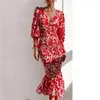 Casual Dresses Wepbel Socialite Slim Fit Fishtail Dress Long Sleeve Midi Women Fashion V-Neck High midje mantel Bodycon