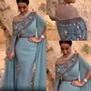 Dusty Blue Off Shoulder Zeemeermin Galajurken Grote maten Arabisch Lovertjes Kralen Avondkleding Toga Dichter Lange mouwen Formele Partij Dre279E