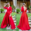 Macacão Vermelho Festa Noturna Vestidos para Ocasiões Formais 3 4 Mangas Longas Vestidos de Baile com Trem Destacável Vestidos251Q