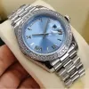 2 Style Męski zegarek Modna Fashion Classic Roman Ice Blue Face 41 mm Diamentowa ramka ze stali nierdzewnej Fold Buckle203e