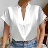 Women's Blouses Stand Collar Women Shirt Silky Smooth V-neck Blouse Elegant Short Sleeve For Formal Business Ol Commute