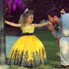 Saidmhamad Flower Girl Dresses With Applique Two Stones Yellow and Dark Blue Ball Gown First Communion Dress for Girls273W