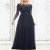 I più venduti Abiti eleganti per la madre della sposa blu navy in chiffon trasparente a maniche lunghe con applicazioni di paillettes e paillettes da sera Dre180C