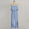 Kvinnors jumpsuits kvinnor ruffles rompers från axel jumpsuit romper sexiga kläder blå randiga split kvinnor