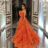 Orange A Line Long Evening Dresses 2021 Ruffled Tulle Strapless Prom Dress vestidos de fiesta Custom Made Party Night Gowns291R