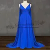 Koningsblauw chiffon avond formele jurken echte bescheiden sexy v-hals met lange cape Saudi-Arabië gelegenheid prom feestjurk bridesmaid279Q