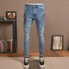 Jeans Masculino Moda de Rua Masculino Retro Azul Elástico Ajuste Justo Emenda Biker Homme Bolso Grande Zíperes Designer Calças Hip Hop