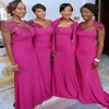 African Bridesmaids Dresses Mermaid Bridal With Fuchsia Lace Appliques Sheer Jewel Neck Chiffon Sweep Train Elegant Prom Evening G261g