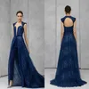 2020 Navy Evening Jumpsuit med löstagbar kjol spetssekvenserad pärlstav med hög krage balklänning Tony Ward Formal Party Gowns Pants Su299d