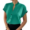 Women's Blouses Stand Collar Women Shirt Silky Smooth V-neck Blouse Elegant Short Sleeve For Formal Business Ol Commute