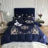 Royal Blue Elegant Brodery 60s Satin Washed Silk Bedbling Set Cotton Däcke Cover Bed Linen Fitted Sheet Pillow Cases Sängdukar B277B