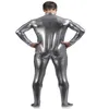 Металлическое серебряное серое золото мужская танцевальная одежда Shiny Metallic Unitard Zentai костюм передний Zip Unisex 2847