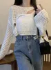 HOUZHOU Acubi Strick Crop Y2k Frauen Smock Koreanische Mode Damen T-Shirts Aushöhlen Lose Oansatz Langarm Top Chic Streetwear Strickwaren