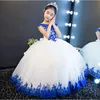 Long Princess Askepott Flower Girl Dresses Off-the-Shoulder golvlängd Bollklänning Blue Kids Pageant-klänningar Nyaste design Custom 267n