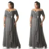 Grey Mother of the Bride Dresses Plus Size Off the Shoulder Cheap Chiffon Prom Party Gowns Long Mother Groom Dresses Wear BM0875200B