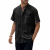 Erkek sıradan gömlekler retro üstler erkekler göğüs cep gömlek yaz standı yaka kısa kollu yama single