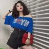 Women's T-Shirt Casual Loose Letter Print Off Shoulder T-Shirt for Women Blue Y2k Top Aesthetic Clothes tie Short Sleeve T-Shirt 230721