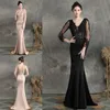 Fashion Champagne Black Evening Mother of the Bride Groom Dresses with 3 4 Long Illusion Lace Sleeves Beaded V neck Mermaid Satin228s